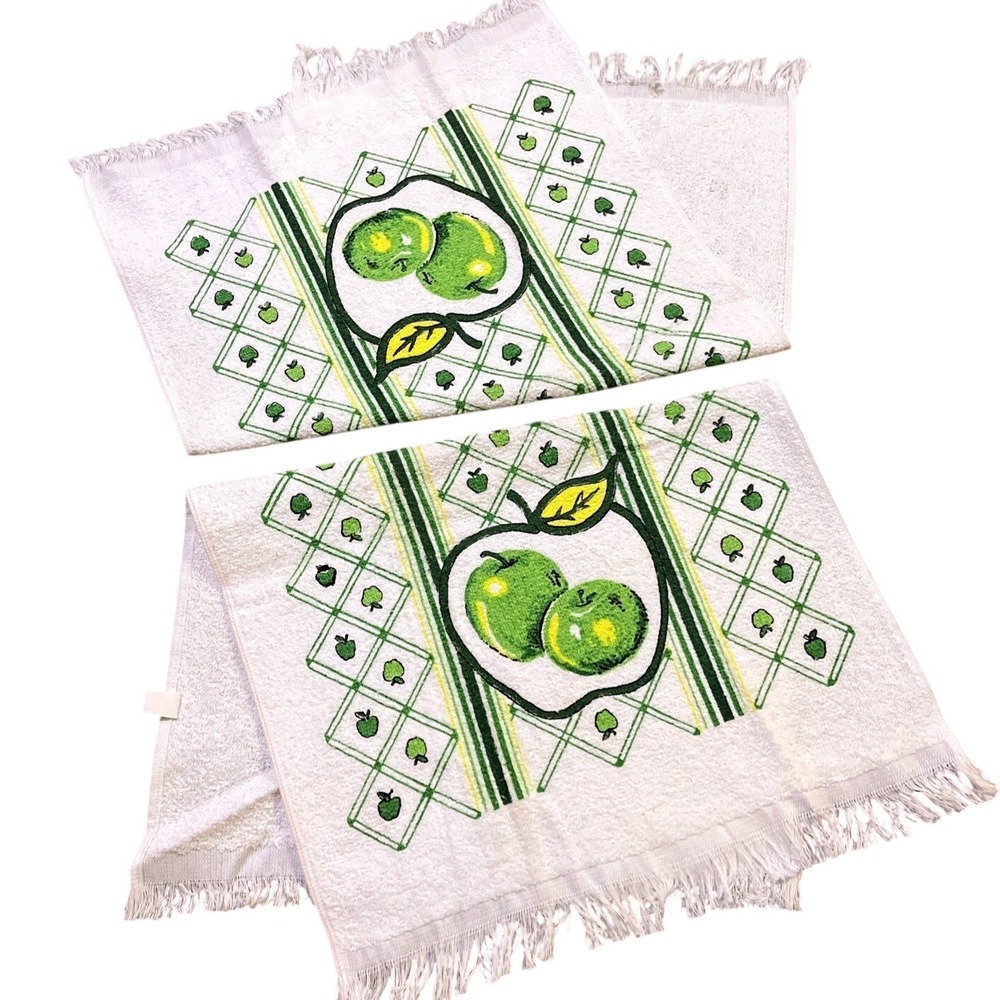 VTG CANNON Hand Kitchen Towel Fringe 70s NOS Green Apple Fruit Stripe Checkered